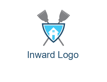 crossed brooms behind a shield with a home icon