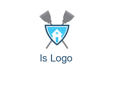 crossed brooms behind a shield with a home icon