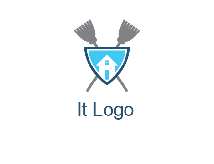 crossed brooms behind a shield with a home icon