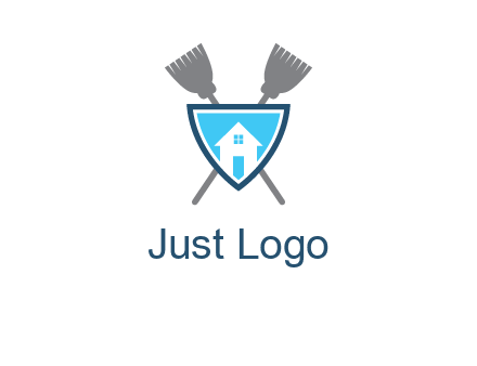 crossed brooms behind a shield with a home icon
