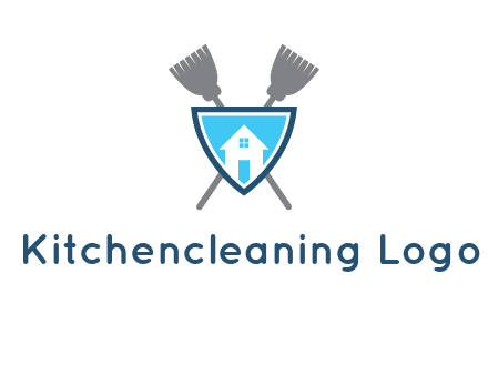 crossed brooms behind a shield with a home icon