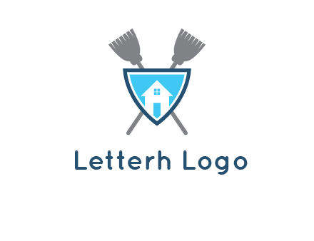 crossed brooms behind a shield with a home icon