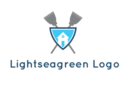 crossed brooms behind a shield with a home icon