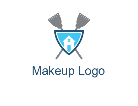 crossed brooms behind a shield with a home icon