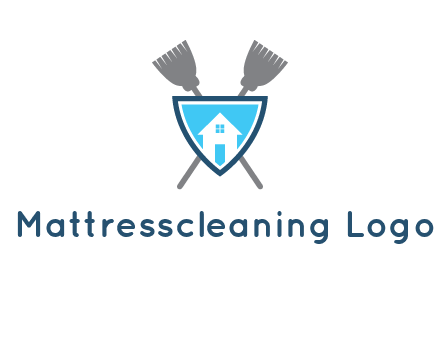 crossed brooms behind a shield with a home icon