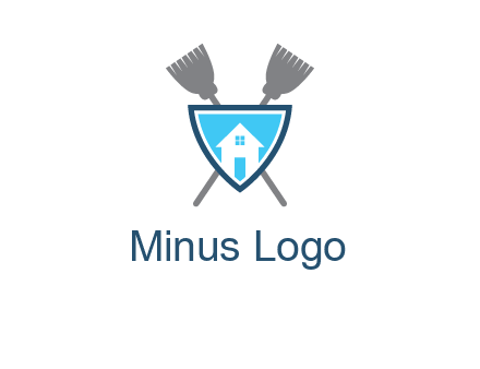 crossed brooms behind a shield with a home icon