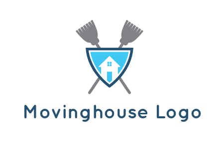 crossed brooms behind a shield with a home icon