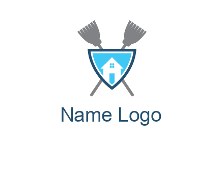 crossed brooms behind a shield with a home icon