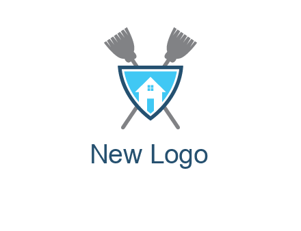 crossed brooms behind a shield with a home icon