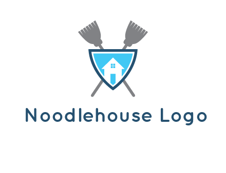 crossed brooms behind a shield with a home icon