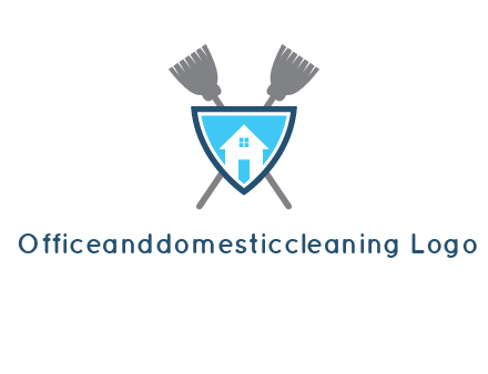 crossed brooms behind a shield with a home icon