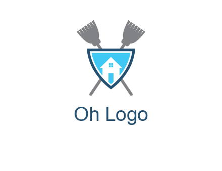 crossed brooms behind a shield with a home icon