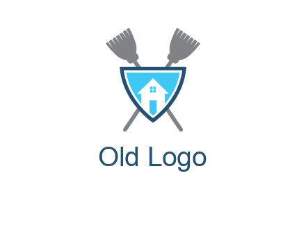 crossed brooms behind a shield with a home icon