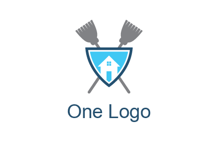 crossed brooms behind a shield with a home icon
