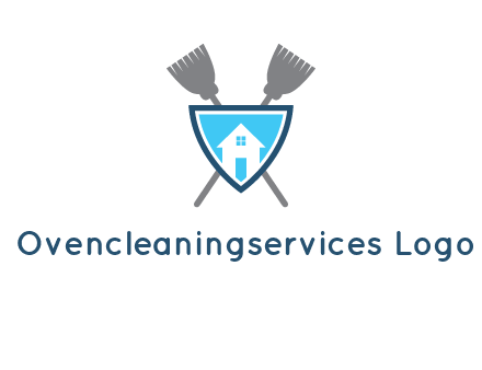 crossed brooms behind a shield with a home icon