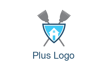 crossed brooms behind a shield with a home icon
