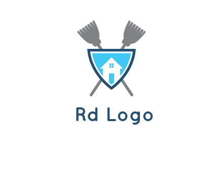 crossed brooms behind a shield with a home icon