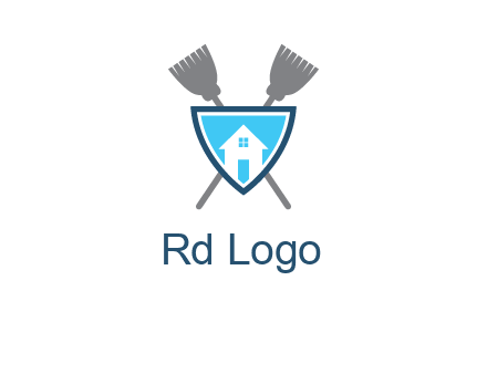 crossed brooms behind a shield with a home icon