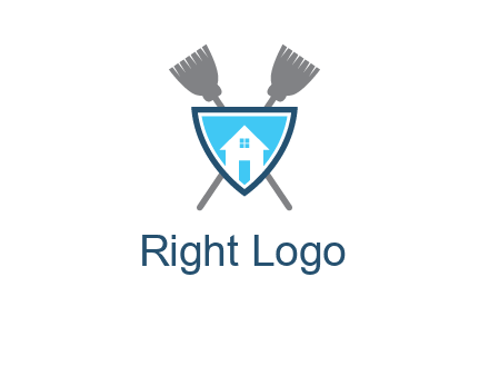 crossed brooms behind a shield with a home icon