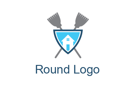 crossed brooms behind a shield with a home icon