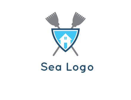 crossed brooms behind a shield with a home icon