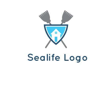 crossed brooms behind a shield with a home icon