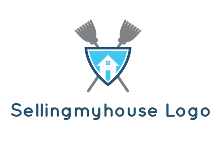 crossed brooms behind a shield with a home icon