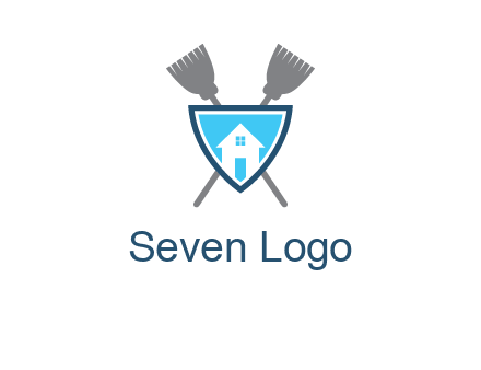 crossed brooms behind a shield with a home icon