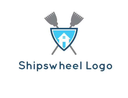 crossed brooms behind a shield with a home icon