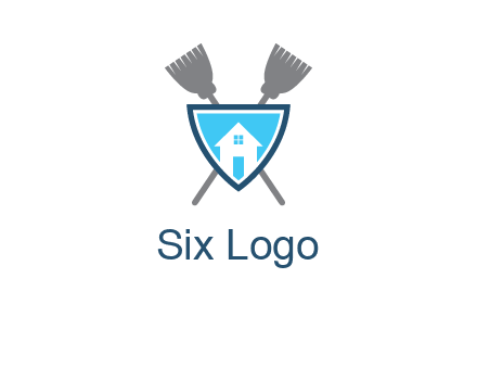 crossed brooms behind a shield with a home icon
