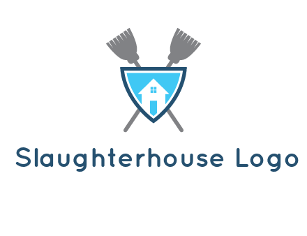 crossed brooms behind a shield with a home icon
