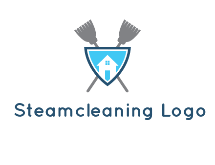 crossed brooms behind a shield with a home icon