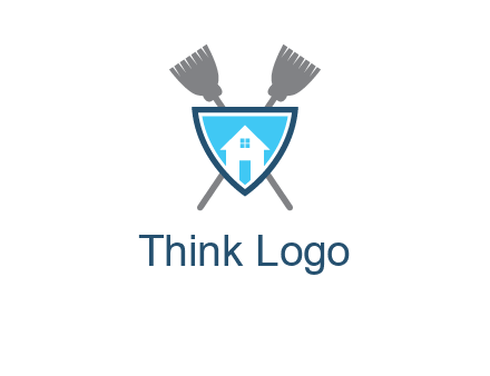 crossed brooms behind a shield with a home icon