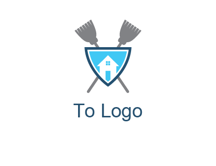 crossed brooms behind a shield with a home icon