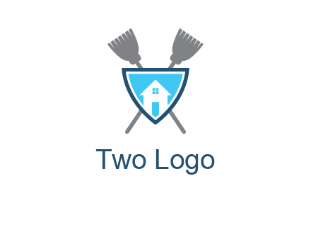 crossed brooms behind a shield with a home icon