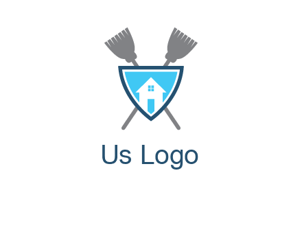crossed brooms behind a shield with a home icon