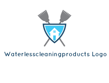 crossed brooms behind a shield with a home icon