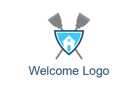 crossed brooms behind a shield with a home icon