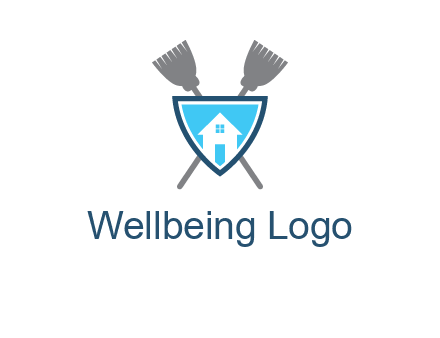 crossed brooms behind a shield with a home icon
