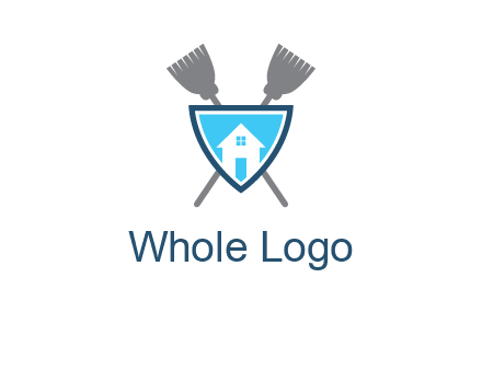 crossed brooms behind a shield with a home icon
