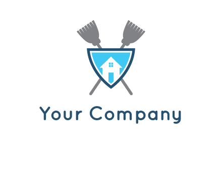 crossed brooms behind a shield with a home icon