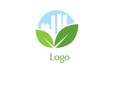 city skyline in a circle behind leaves logo