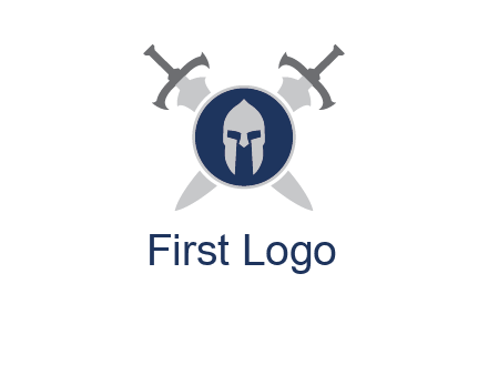 crossed swords behind a circle shield with a gladiator helmet emblem