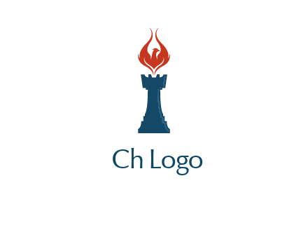 chess rook with phoenix flames logo