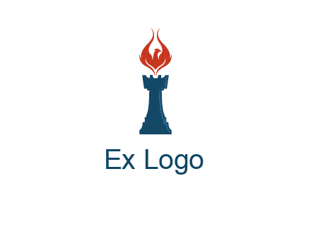 chess rook with phoenix flames logo