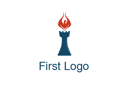 chess rook with phoenix flames logo