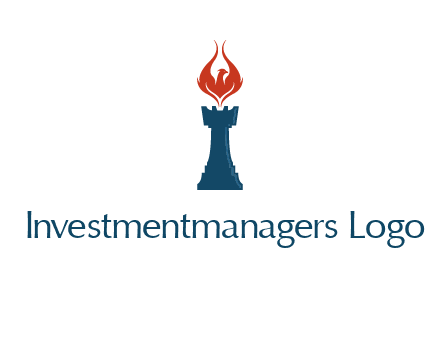 chess rook with phoenix flames logo