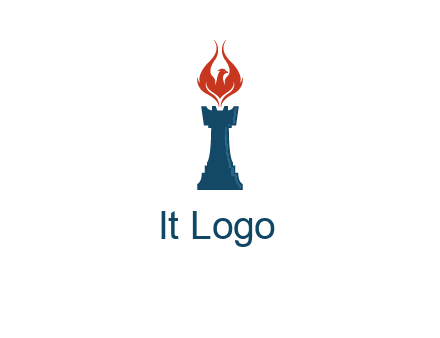 chess rook with phoenix flames logo