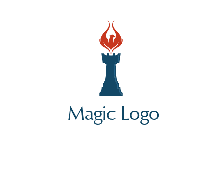 chess rook with phoenix flames logo