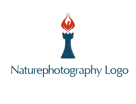 chess rook with phoenix flames logo